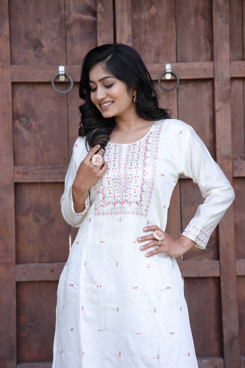 Cambric Cotton Kurti & Pant Set with Multi-Sequin Embroidery – 2-Piece Pair