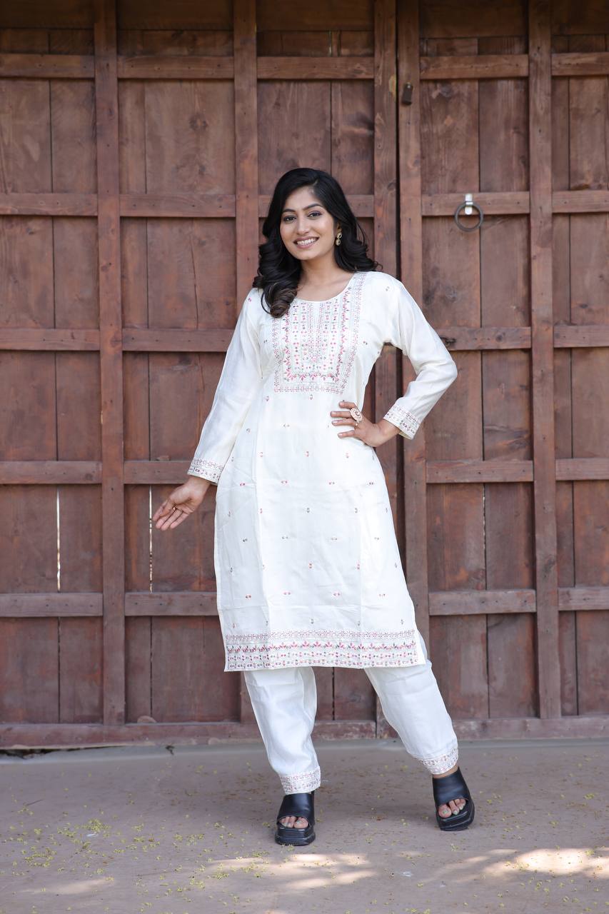 Cambric Cotton Kurti & Pant Set with Multi-Sequin Embroidery – 2-Piece Pair