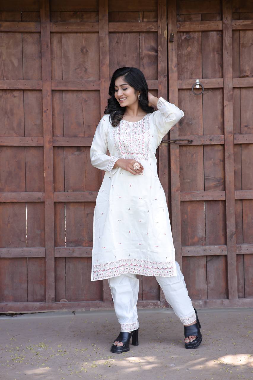 Cambric Cotton Kurti & Pant Set with Multi-Sequin Embroidery – 2-Piece Pair