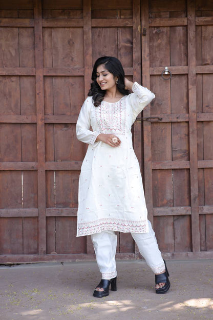 Cambric Cotton Kurti & Pant Set with Multi-Sequin Embroidery – 2-Piece Pair