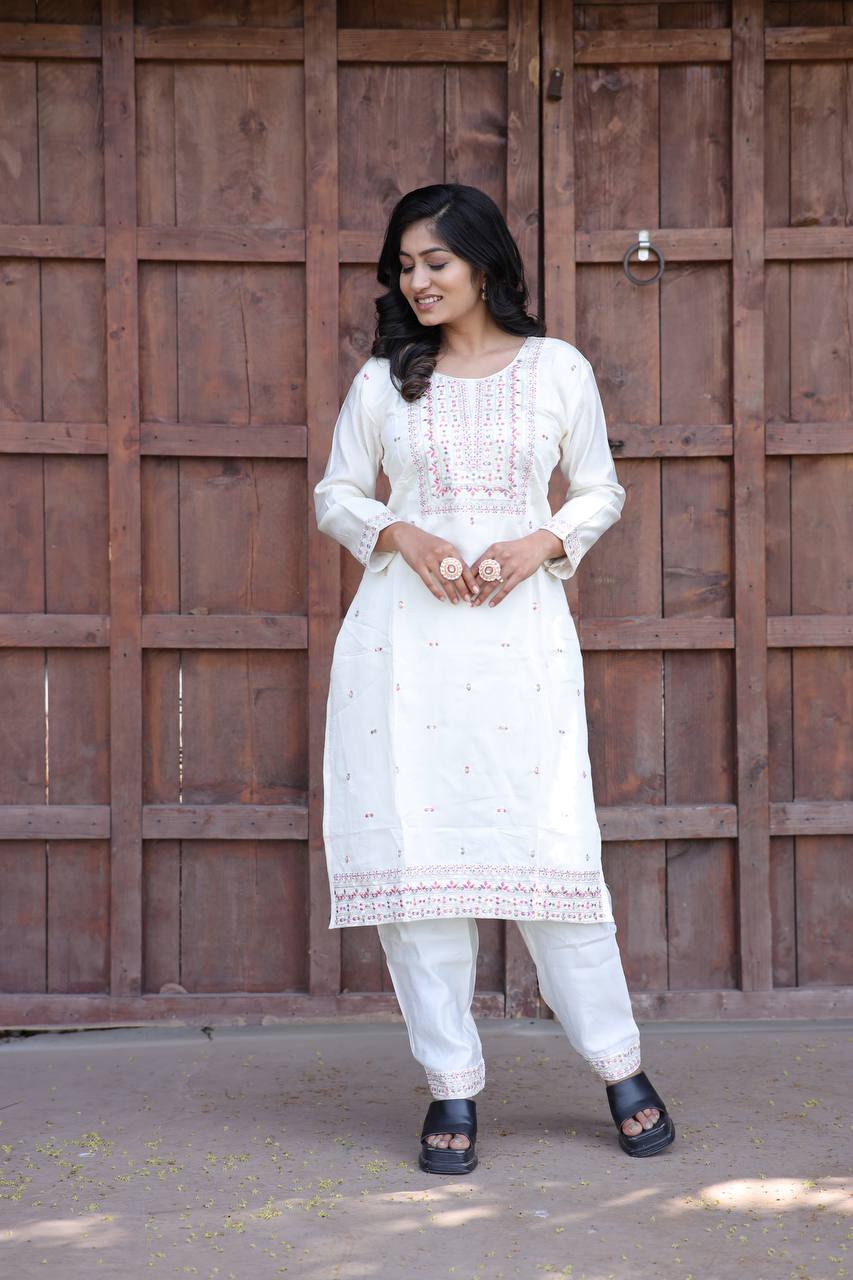 Cambric Cotton Kurti & Pant Set with Multi-Sequin Embroidery – 2-Piece Pair