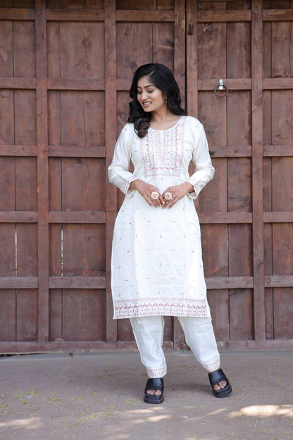 Cambric Cotton Kurti & Pant Set with Multi-Sequin Embroidery – 2-Piece Pair