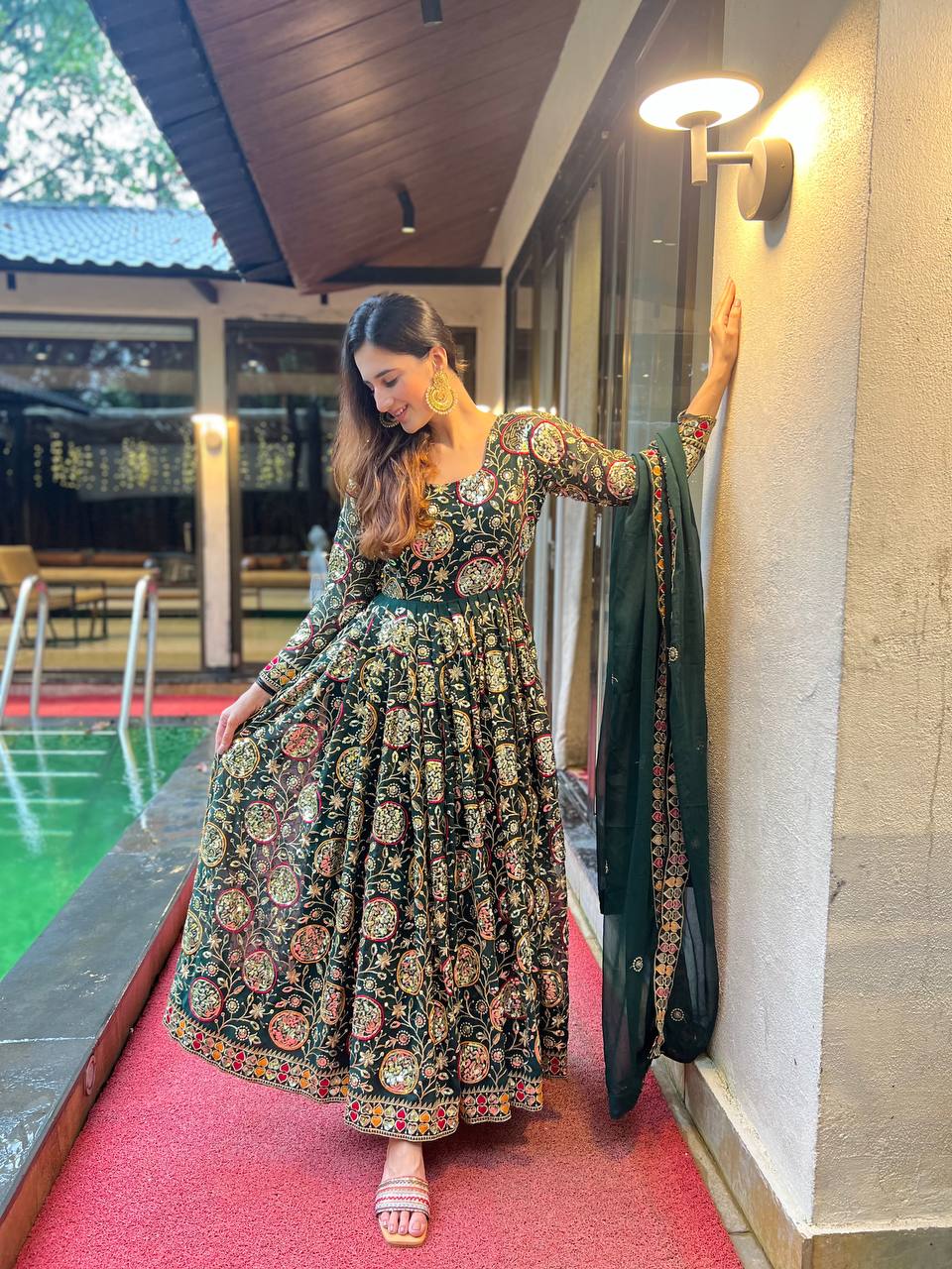 New Fancy Style Heavy Faux Georgette Anarkali Suit with Sequins Embroidery, 3 Meter Flair & Dupatta – Ready to Wear Festive & Wedding Outfit