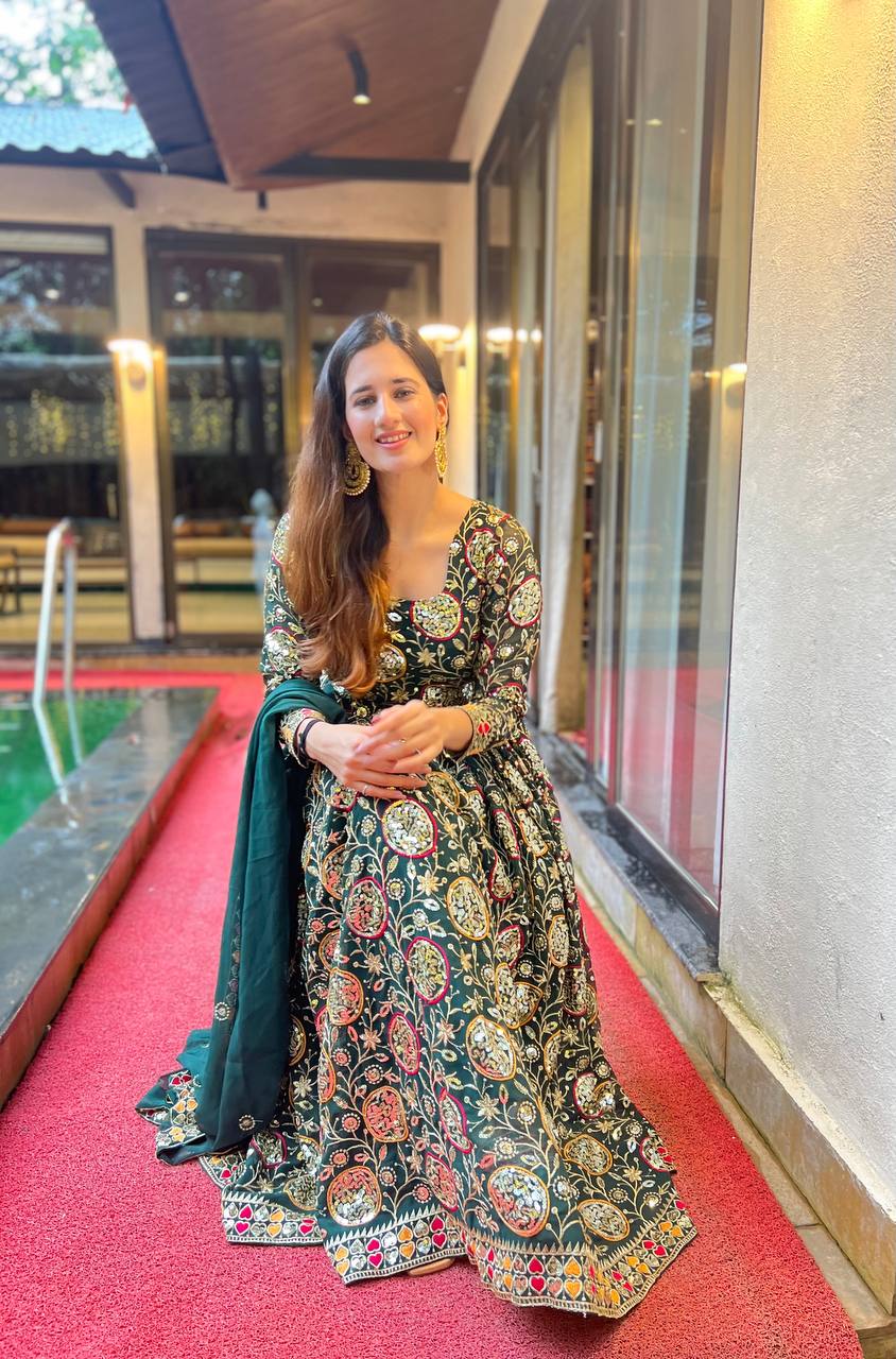 New Fancy Style Heavy Faux Georgette Anarkali Suit with Sequins Embroidery, 3 Meter Flair & Dupatta – Ready to Wear Festive & Wedding Outfit