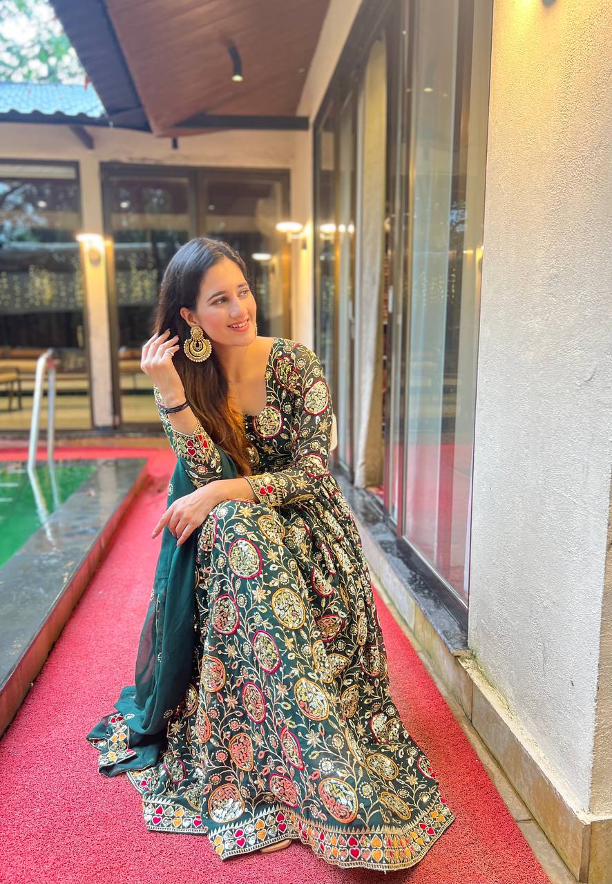 New Fancy Style Heavy Faux Georgette Anarkali Suit with Sequins Embroidery, 3 Meter Flair & Dupatta – Ready to Wear Festive & Wedding Outfit