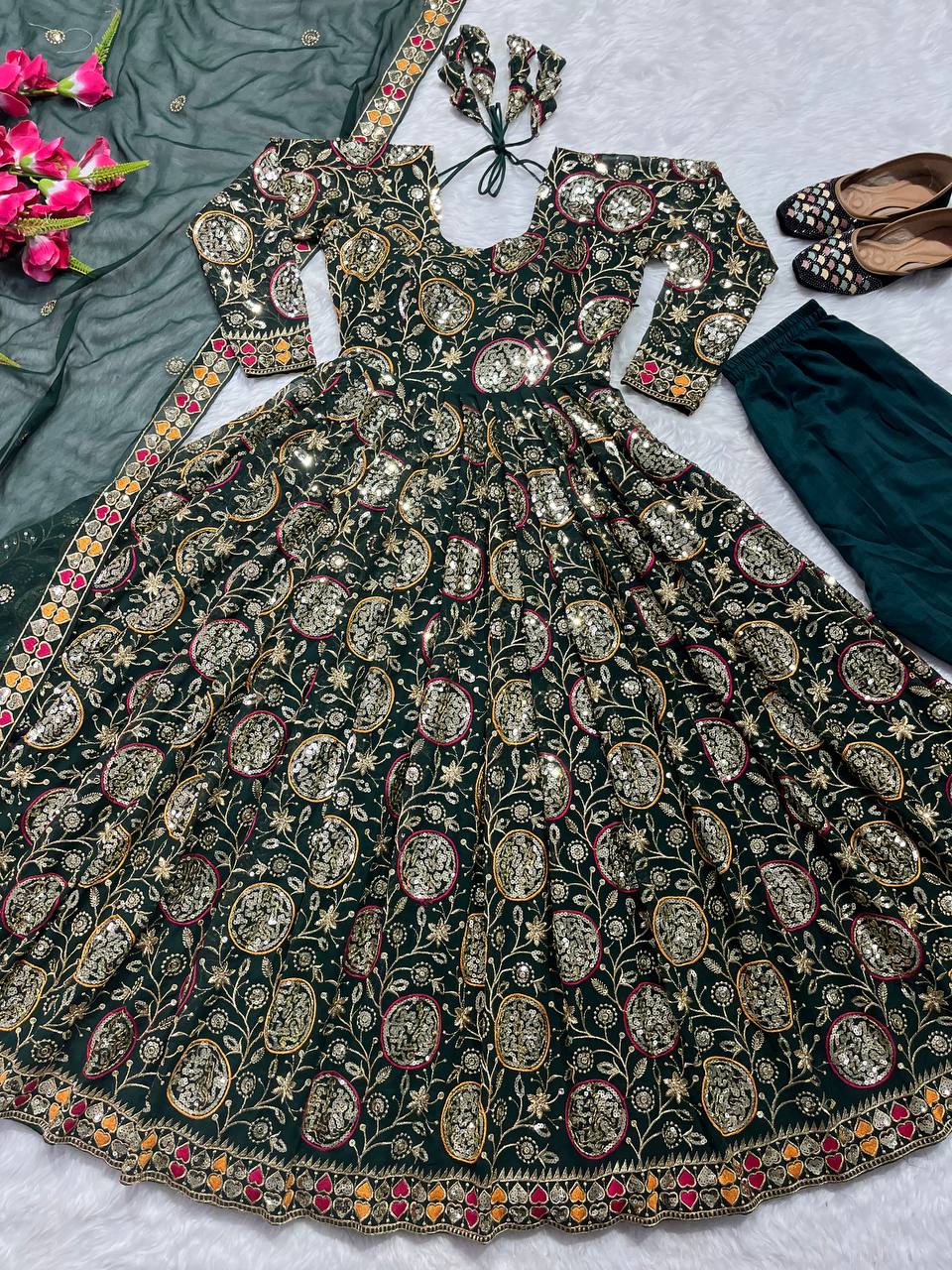 New Fancy Style Heavy Faux Georgette Anarkali Suit with Sequins Embroidery, 3 Meter Flair & Dupatta – Ready to Wear Festive & Wedding Outfit