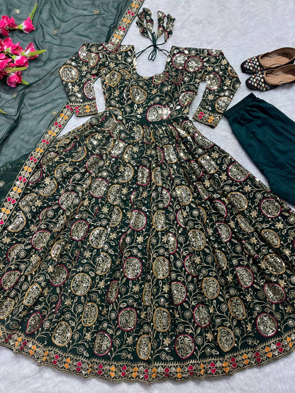 New Fancy Style Heavy Faux Georgette Anarkali Suit with Sequins Embroidery, 3 Meter Flair & Dupatta – Ready to Wear Festive & Wedding Outfit