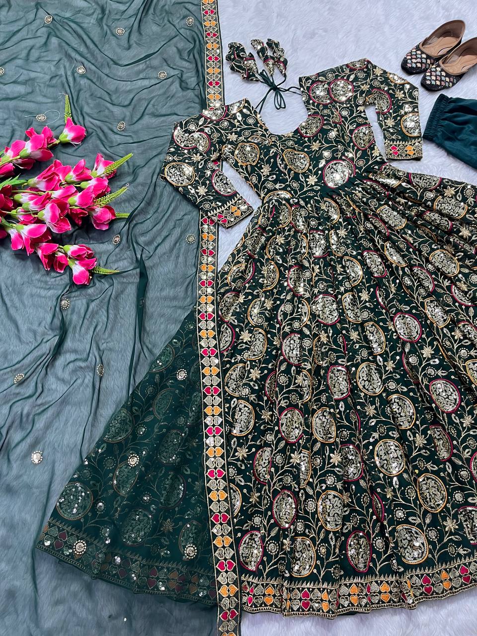 New Fancy Style Heavy Faux Georgette Anarkali Suit with Sequins Embroidery, 3 Meter Flair & Dupatta – Ready to Wear Festive & Wedding Outfit