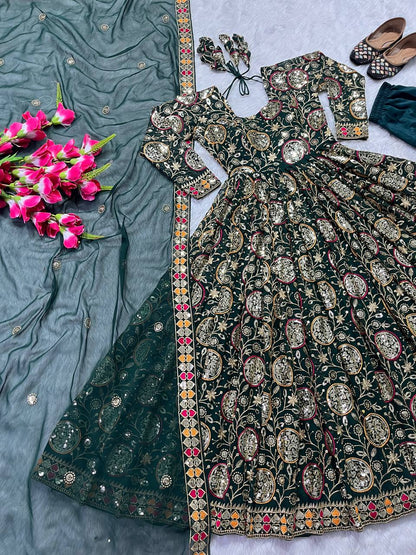 New Fancy Style Heavy Faux Georgette Anarkali Suit with Sequins Embroidery, 3 Meter Flair & Dupatta – Ready to Wear Festive & Wedding Outfit