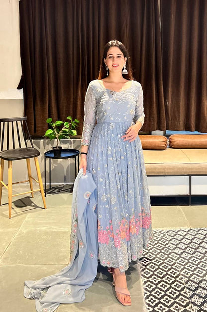 Designer Heavy Faux Georgette Anarkali Suit with Sequins & Embroidery, Cotton Pant & Dupatta Fully Stitched Party Wear Dress for Women