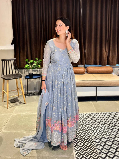Designer Heavy Faux Georgette Anarkali Suit with Sequins & Embroidery, Cotton Pant & Dupatta Fully Stitched Party Wear Dress for Women