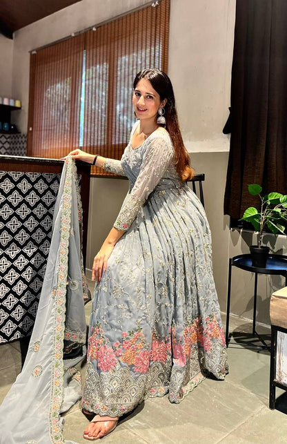 Designer Heavy Faux Georgette Anarkali Suit with Sequins & Embroidery, Cotton Pant & Dupatta Fully Stitched Party Wear Dress for Women