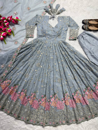 Designer Heavy Faux Georgette Anarkali Suit with Sequins & Embroidery, Cotton Pant & Dupatta Fully Stitched Party Wear Dress for Women