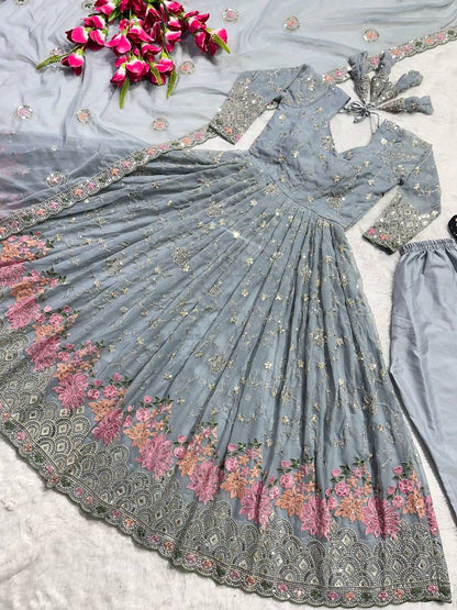 Designer Heavy Faux Georgette Anarkali Suit with Sequins & Embroidery, Cotton Pant & Dupatta Fully Stitched Party Wear Dress for Women