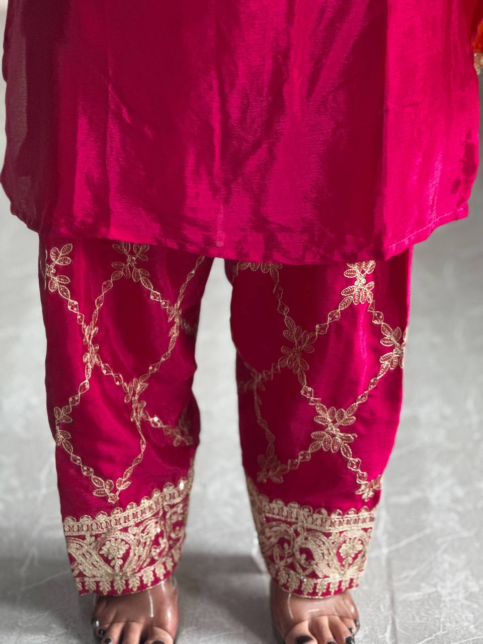 Elegant Heavy Chinon Silk Kurti Set with Farsi Salwar & 2.2m Dupatta – Fully Stitched with Micro Silk Lining