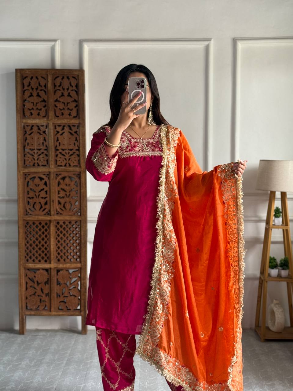 Elegant Heavy Chinon Silk Kurti Set with Farsi Salwar & 2.2m Dupatta – Fully Stitched with Micro Silk Lining