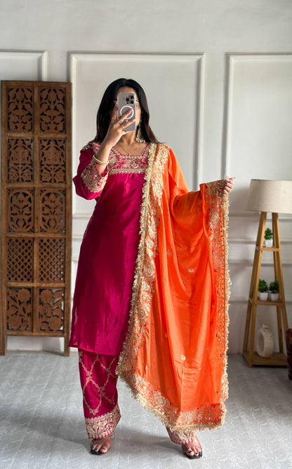 Elegant Heavy Chinon Silk Kurti Set with Farsi Salwar & 2.2m Dupatta – Fully Stitched with Micro Silk Lining