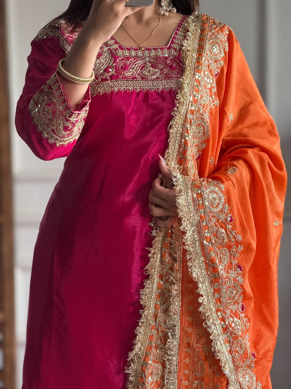 Elegant Heavy Chinon Silk Kurti Set with Farsi Salwar & 2.2m Dupatta – Fully Stitched with Micro Silk Lining