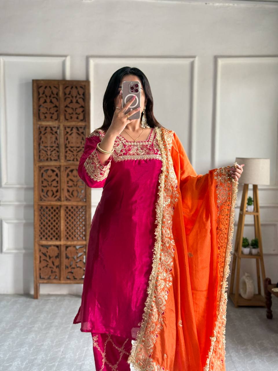 Elegant Heavy Chinon Silk Kurti Set with Farsi Salwar & 2.2m Dupatta – Fully Stitched with Micro Silk Lining