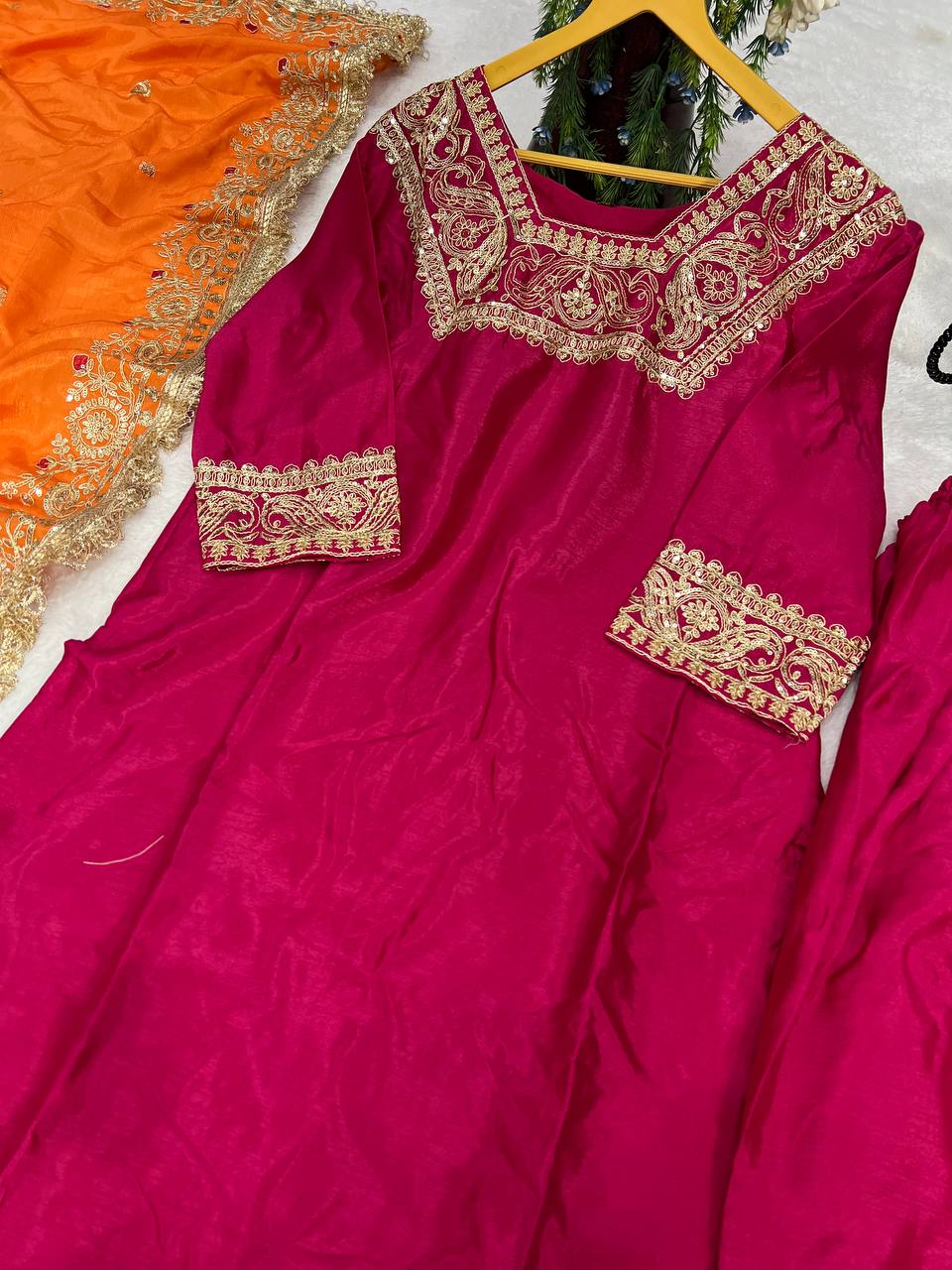 Elegant Heavy Chinon Silk Kurti Set with Farsi Salwar & 2.2m Dupatta – Fully Stitched with Micro Silk Lining
