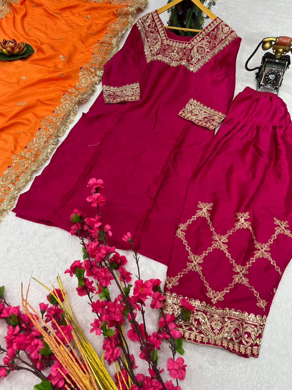Elegant Heavy Chinon Silk Kurti Set with Farsi Salwar & 2.2m Dupatta – Fully Stitched with Micro Silk Lining