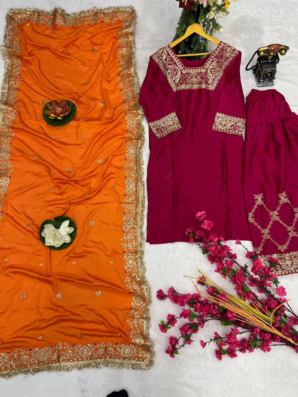 Elegant Heavy Chinon Silk Kurti Set with Farsi Salwar & 2.2m Dupatta – Fully Stitched with Micro Silk Lining