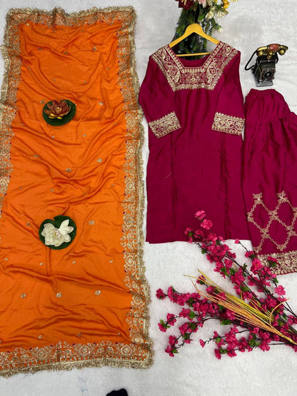 Elegant Heavy Chinon Silk Kurti Set with Farsi Salwar & 2.2m Dupatta – Fully Stitched with Micro Silk Lining