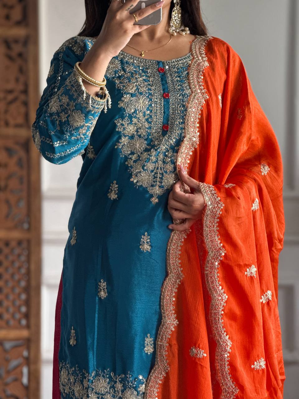 Heavy Pure Chinon Silk Kurti Set with Plazzo & Embellished Dupatta – Multi-Needle Embroidery & Sequins (Fully Stitched)