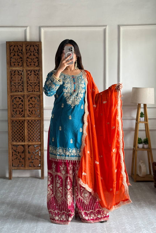 Heavy Pure Chinon Silk Kurti Set with Plazzo & Embellished Dupatta – Multi-Needle Embroidery & Sequins (Fully Stitched)