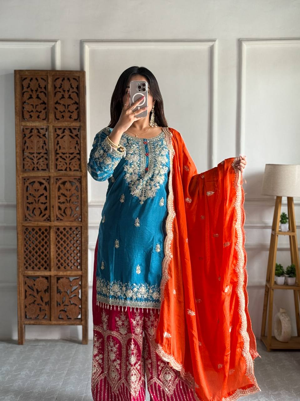 Heavy Pure Chinon Silk Kurti Set with Plazzo & Embellished Dupatta – Multi-Needle Embroidery & Sequins (Fully Stitched)