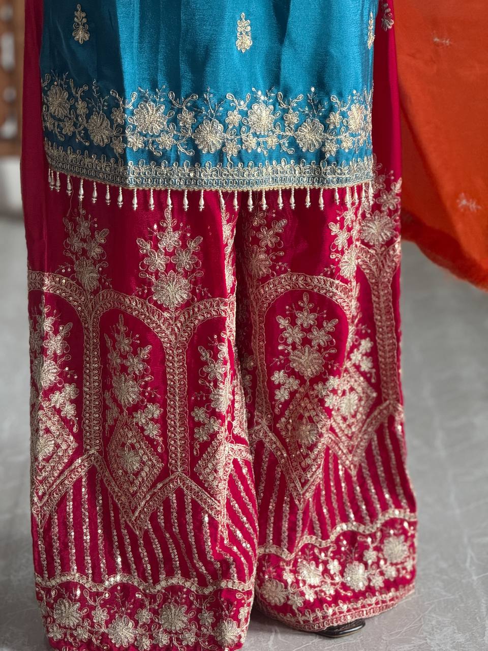 Heavy Pure Chinon Silk Kurti Set with Plazzo & Embellished Dupatta – Multi-Needle Embroidery & Sequins (Fully Stitched)