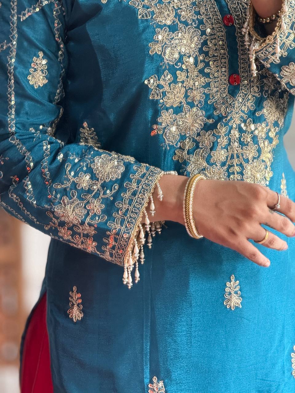 Heavy Pure Chinon Silk Kurti Set with Plazzo & Embellished Dupatta – Multi-Needle Embroidery & Sequins (Fully Stitched)