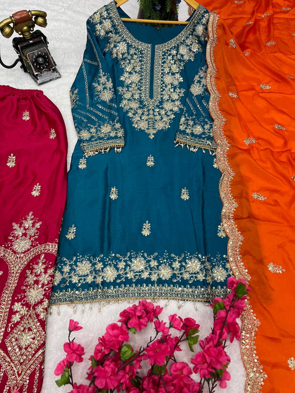 Heavy Pure Chinon Silk Kurti Set with Plazzo & Embellished Dupatta – Multi-Needle Embroidery & Sequins (Fully Stitched)