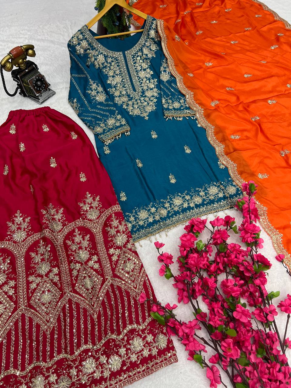 Heavy Pure Chinon Silk Kurti Set with Plazzo & Embellished Dupatta – Multi-Needle Embroidery & Sequins (Fully Stitched)