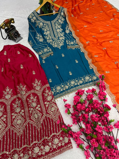 Heavy Pure Chinon Silk Kurti Set with Plazzo & Embellished Dupatta – Multi-Needle Embroidery & Sequins (Fully Stitched)