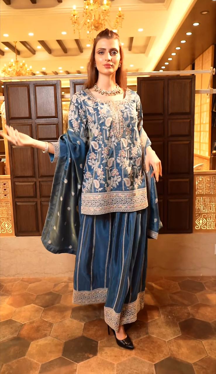 Designer Pure Heavy Chinon Silk Embroidered Palazzo Suit Set with Coding Sequins Work & Dupatta Fully Stitched Party & Wedding Wear for Women