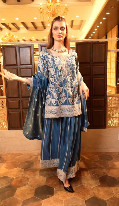 Designer Pure Heavy Chinon Silk Embroidered Palazzo Suit Set with Coding Sequins Work & Dupatta Fully Stitched Party & Wedding Wear for Women