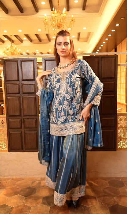 Designer Pure Heavy Chinon Silk Embroidered Palazzo Suit Set with Coding Sequins Work & Dupatta Fully Stitched Party & Wedding Wear for Women