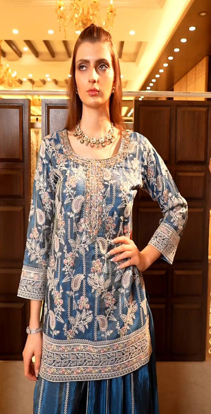 Designer Pure Heavy Chinon Silk Embroidered Palazzo Suit Set with Coding Sequins Work & Dupatta Fully Stitched Party & Wedding Wear for Women