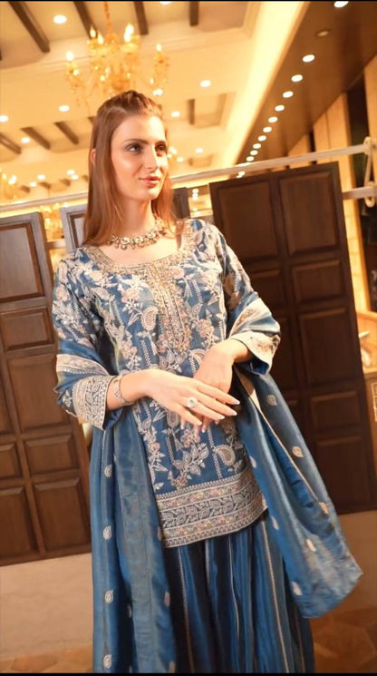Designer Pure Heavy Chinon Silk Embroidered Palazzo Suit Set with Coding Sequins Work & Dupatta Fully Stitched Party & Wedding Wear for Women