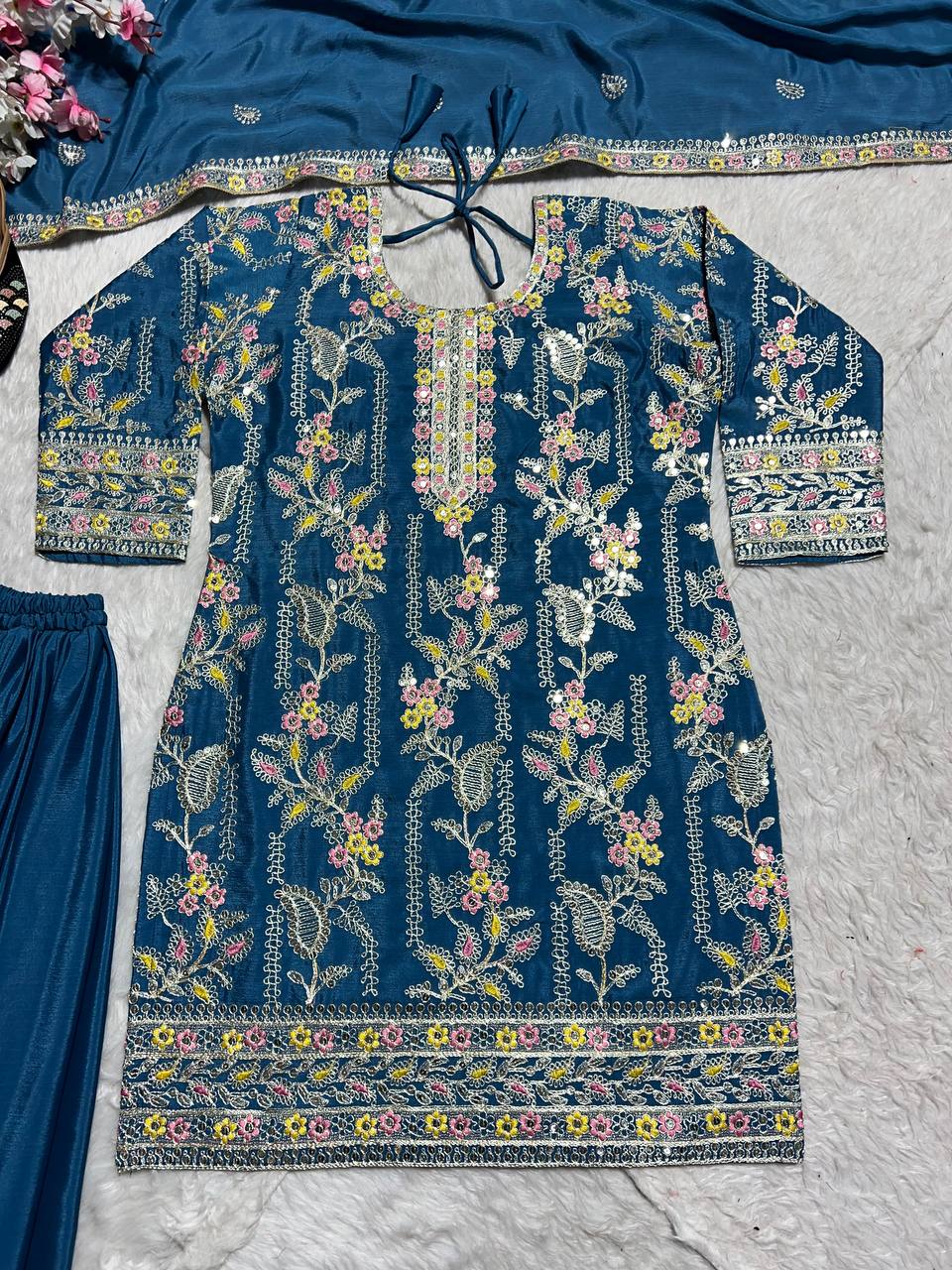 Designer Pure Heavy Chinon Silk Embroidered Palazzo Suit Set with Coding Sequins Work & Dupatta Fully Stitched Party & Wedding Wear for Women