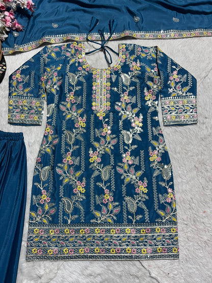 Designer Pure Heavy Chinon Silk Embroidered Palazzo Suit Set with Coding Sequins Work & Dupatta Fully Stitched Party & Wedding Wear for Women