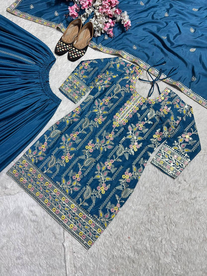 Designer Pure Heavy Chinon Silk Embroidered Palazzo Suit Set with Coding Sequins Work & Dupatta Fully Stitched Party & Wedding Wear for Women