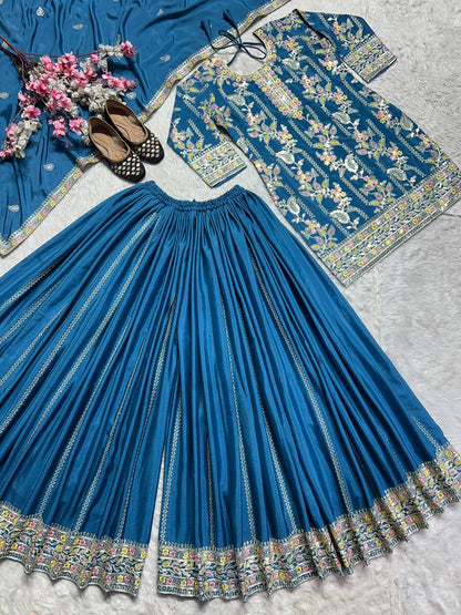 Designer Pure Heavy Chinon Silk Embroidered Palazzo Suit Set with Coding Sequins Work & Dupatta Fully Stitched Party & Wedding Wear for Women