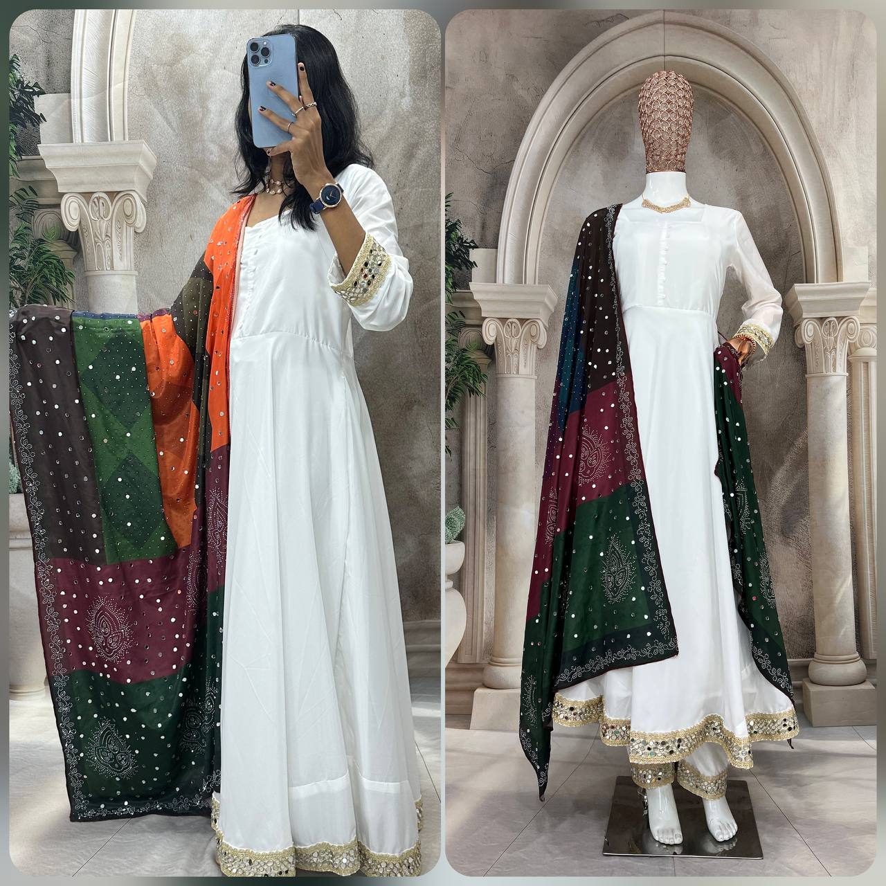Elegant Pure Natural Silk Gown Set with Pant & Mirror-Embellished Dupatta – Multi-Needle Embroidery (Fully Stitched, 4m Flair)