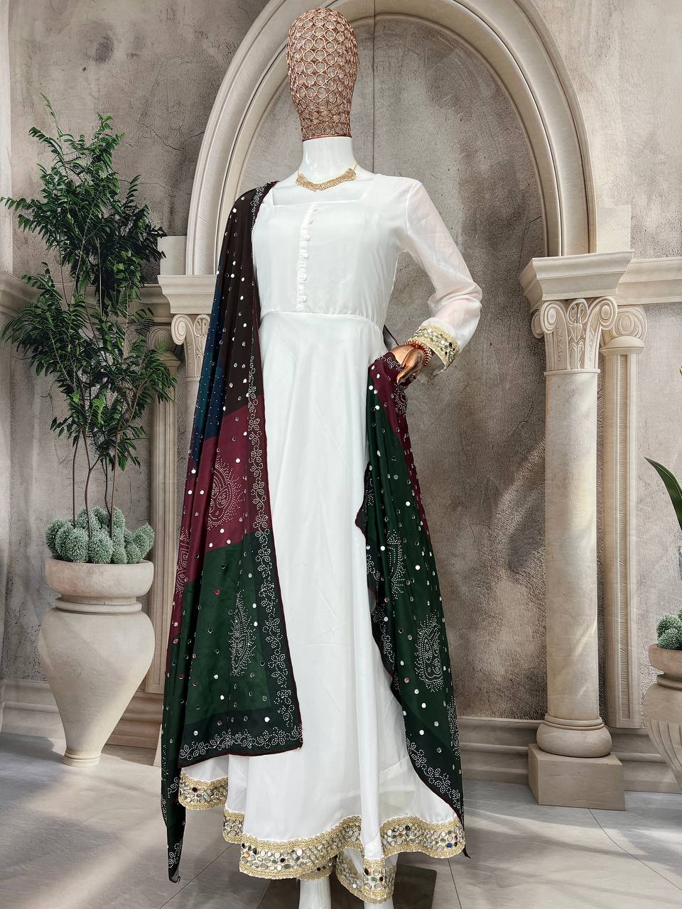 Elegant Pure Natural Silk Gown Set with Pant & Mirror-Embellished Dupatta – Multi-Needle Embroidery (Fully Stitched, 4m Flair)
