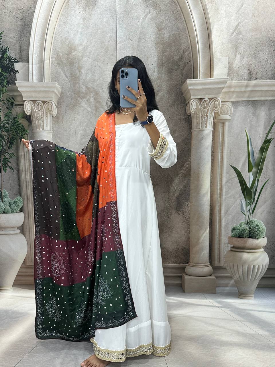 Elegant Pure Natural Silk Gown Set with Pant & Mirror-Embellished Dupatta – Multi-Needle Embroidery (Fully Stitched, 4m Flair)