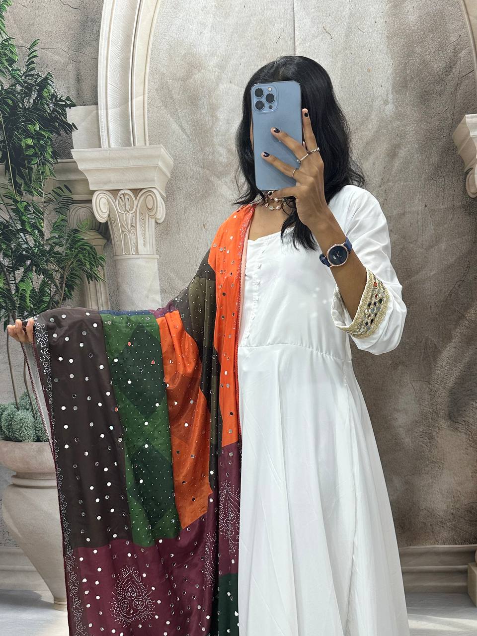 Elegant Pure Natural Silk Gown Set with Pant & Mirror-Embellished Dupatta – Multi-Needle Embroidery (Fully Stitched, 4m Flair)