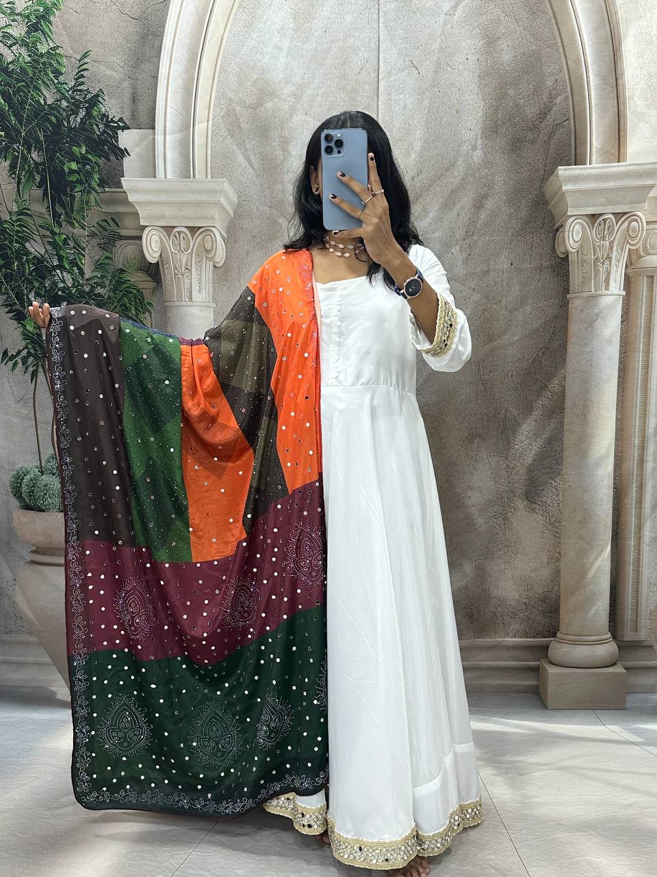 Elegant Pure Natural Silk Gown Set with Pant & Mirror-Embellished Dupatta – Multi-Needle Embroidery (Fully Stitched, 4m Flair)