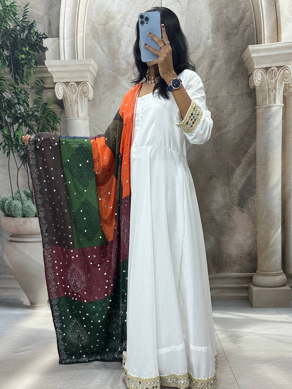 Elegant Pure Natural Silk Gown Set with Pant & Mirror-Embellished Dupatta – Multi-Needle Embroidery (Fully Stitched, 4m Flair)
